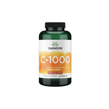 Swanson's C-1000 Vitamin C with Rose Hips offers 1000 mg per capsule known for antioxidant and immune support, available in a bottle of 90 capsules.